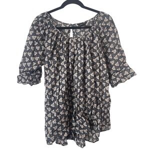 Moda International‎ Grey Floral  Cotton Short Sleeved Flowy Blouse Top M